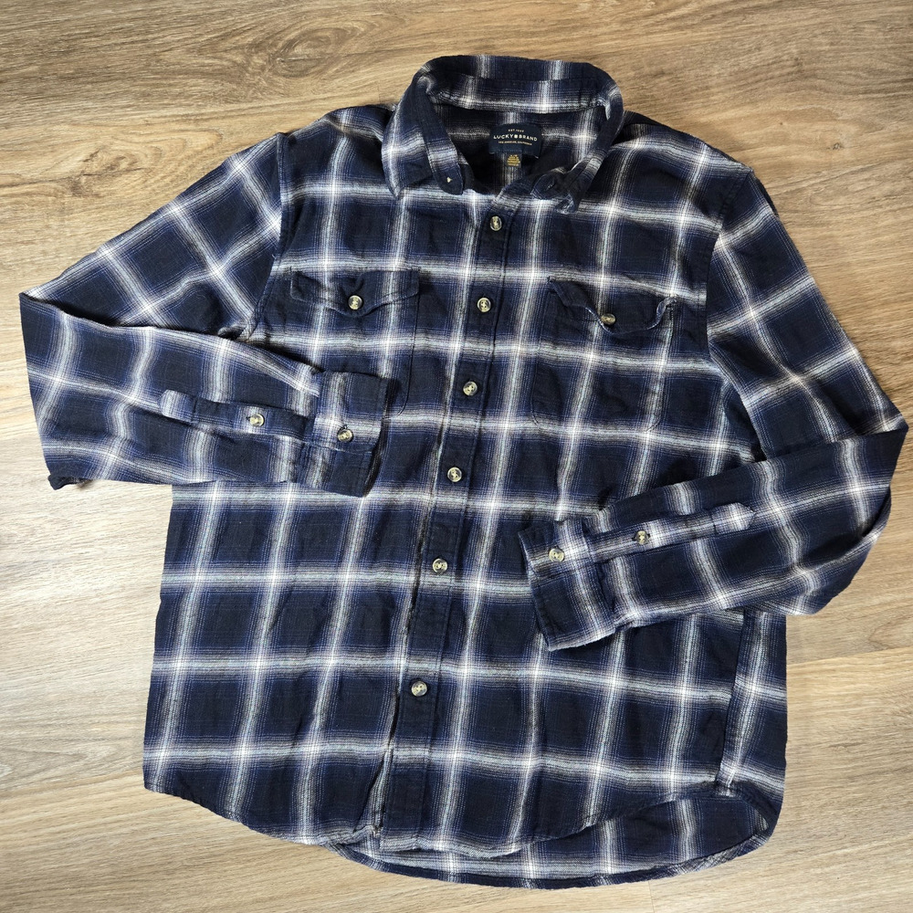 Lucky Brand Flannel Shirt Mens L Blue Black Plaid Long Sleeve Button Up Casual